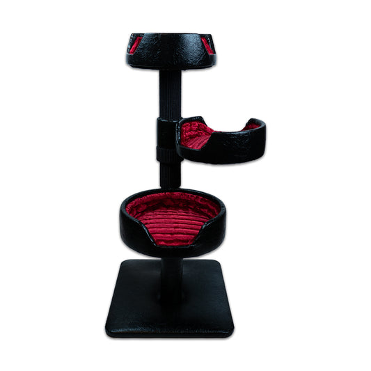Black and red cat tree with multiple levels on a white background